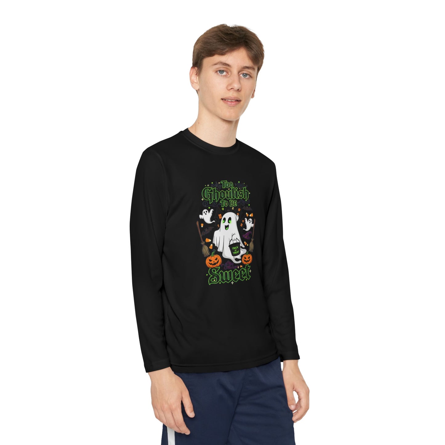 Youth Halloween Long Sleeve Tee, Fun Ghost Design, Perfect for Halloween, Trick or Treating, Fall Celebrations, Kids Apparel, Spooky Season