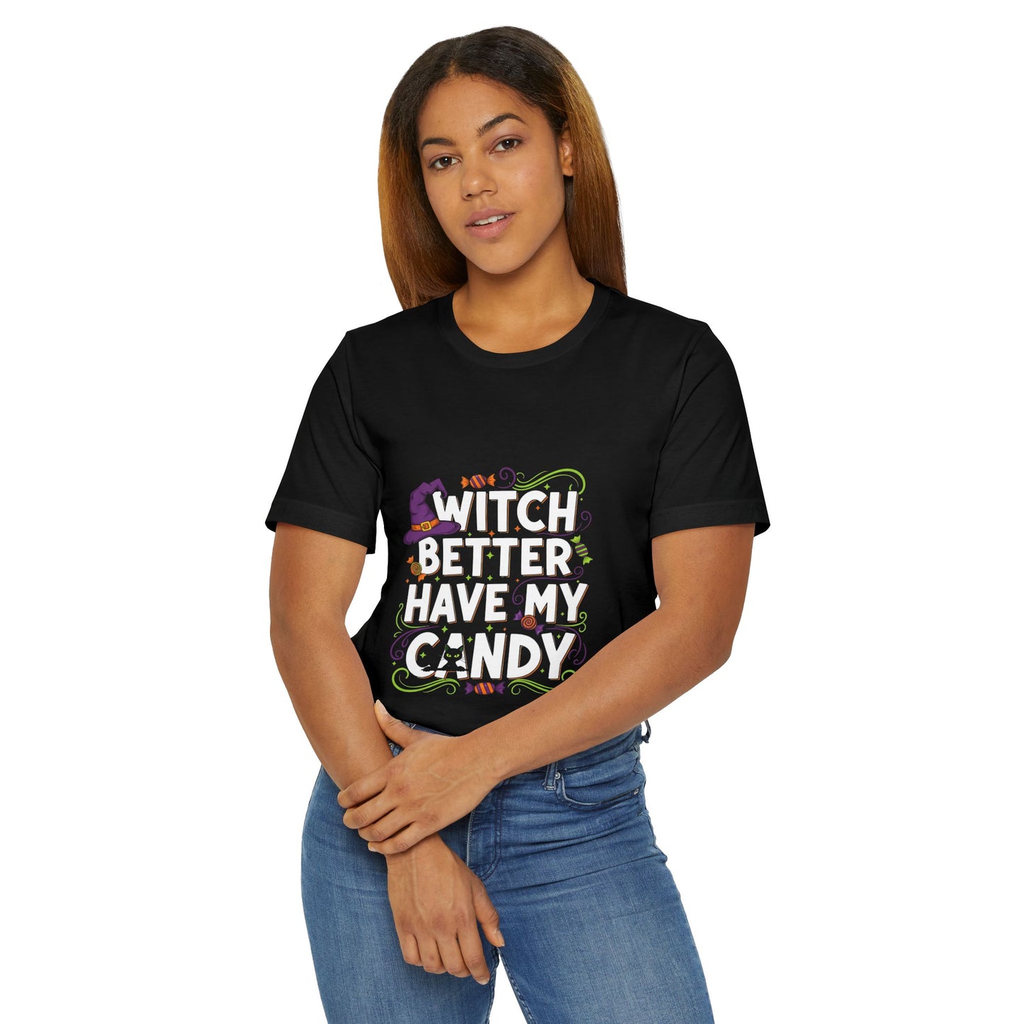 Halloween Themed Unisex Jersey T-Shirt, Cute Witch Hat Graphic Tee, Spooky Season Apparel, Perfect for Halloween Parties, Fun