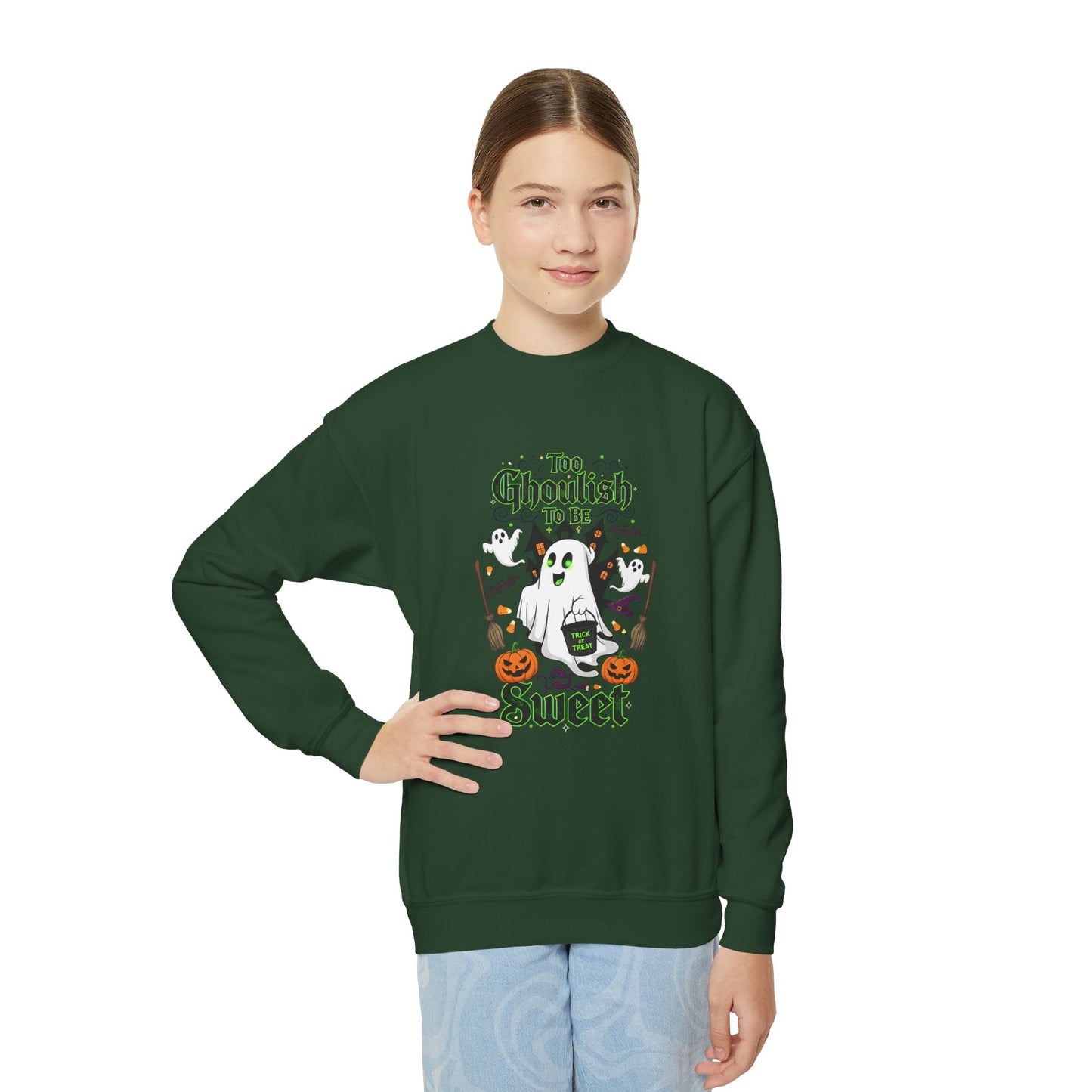 Kids Halloween Candy Sweatshirt - Too Ghoulish To Be Sweet Fall Hoodie for Girls & Boys