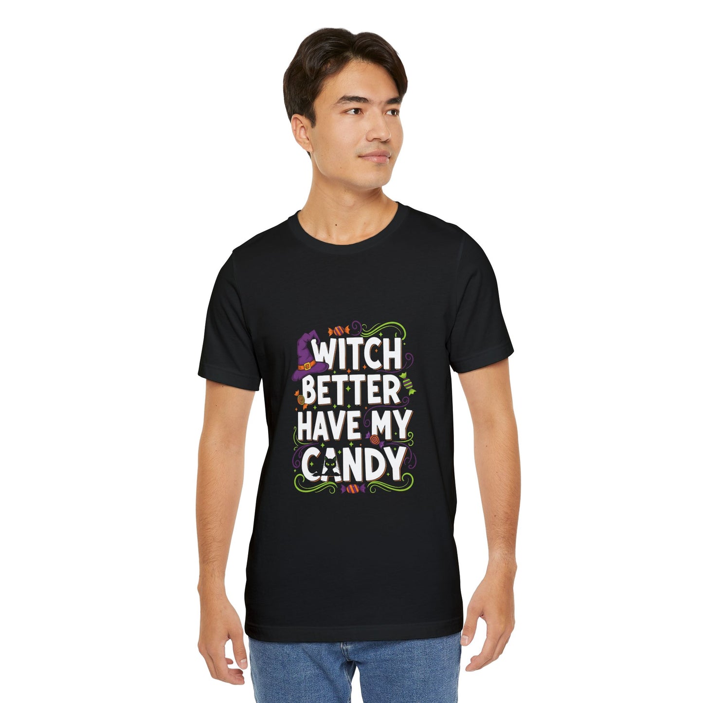 Halloween Themed Unisex Jersey T-Shirt, Cute Witch Hat Graphic Tee, Spooky Season Apparel, Perfect for Halloween Parties, Fun
