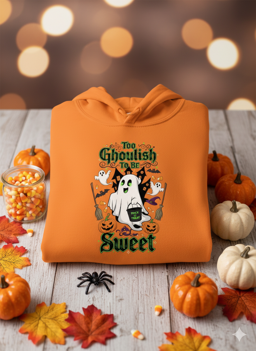 Too Ghoulish to Be Sweet Halloween Hoodie - Unisex Cozy Sweatshirt, Cute Ghost Design, Spooky Season Gift, Fall Comfort Wear