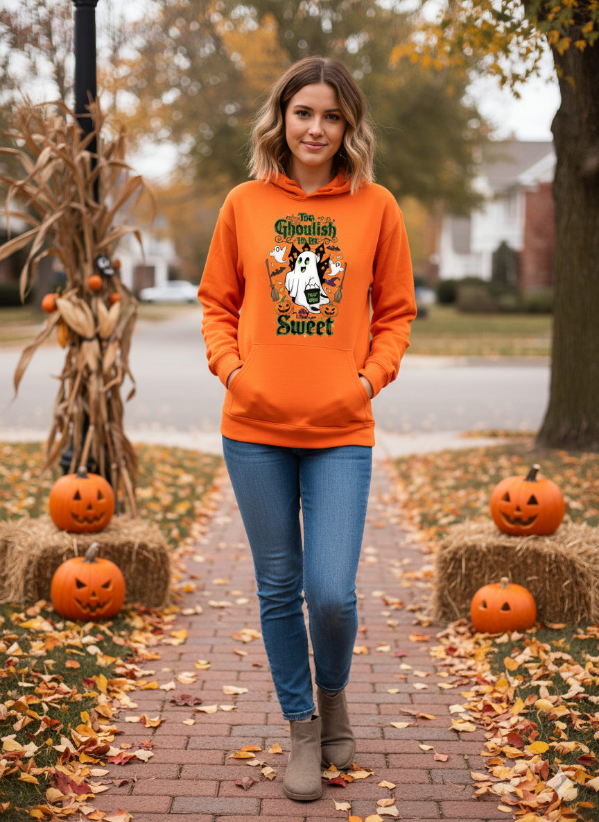 Too Ghoulish to Be Sweet Halloween Hoodie - Unisex Cozy Sweatshirt, Cute Ghost Design, Spooky Season Gift, Fall Comfort Wear