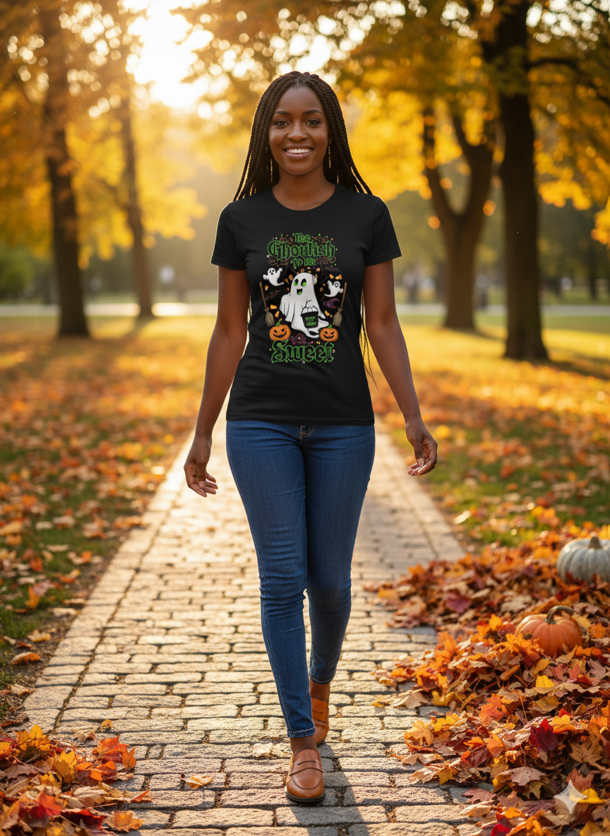 Too Ghoulish to Be Sweet Halloween Shirt Cute Fall Tee for Women, Fun Ghost Graphic, Spooky Season Outfit, Gift for Her, Casual Festival Top