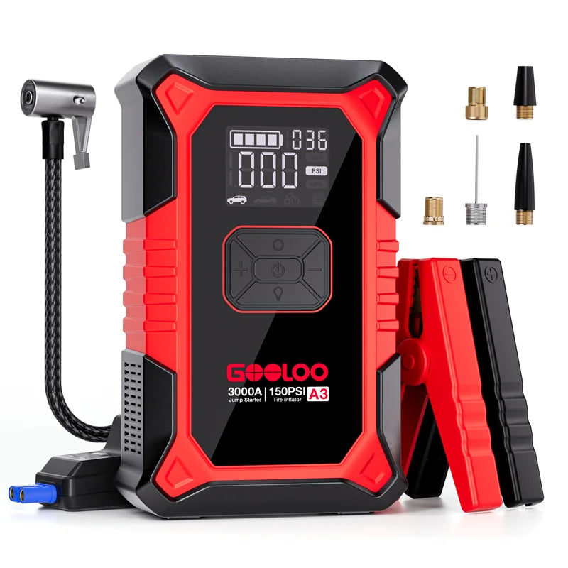 GOOLOO A3 Portable Jump Starter & Air Compressor | 3000A Peak Power, 150 PSI Tire Inflator, 400-Lumen LED Flashlight
