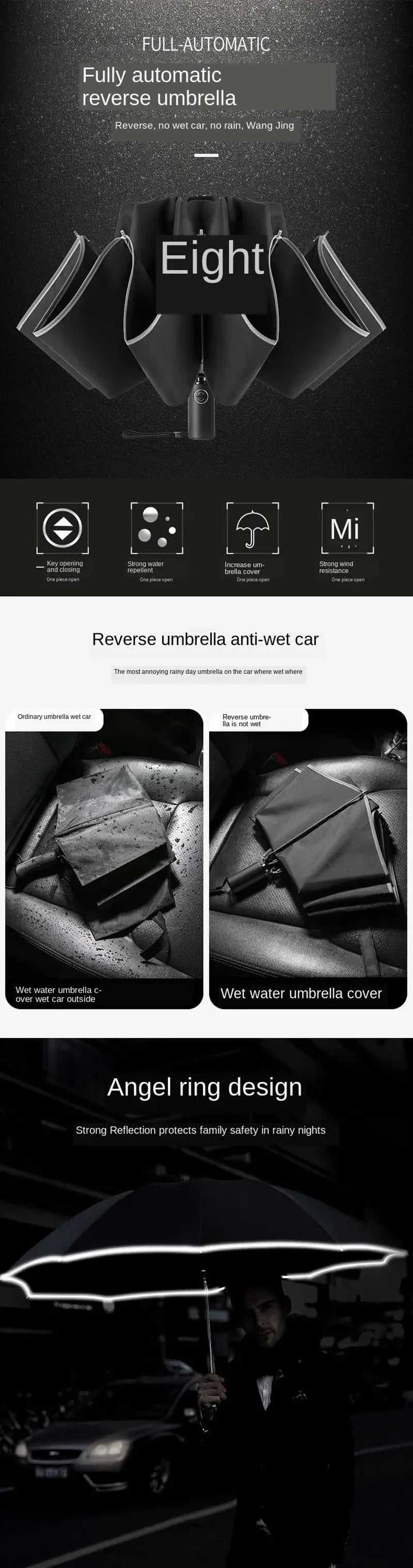 Reverse Safety Umbrella | Windproof, Auto Open/Close, Reflective Stripe