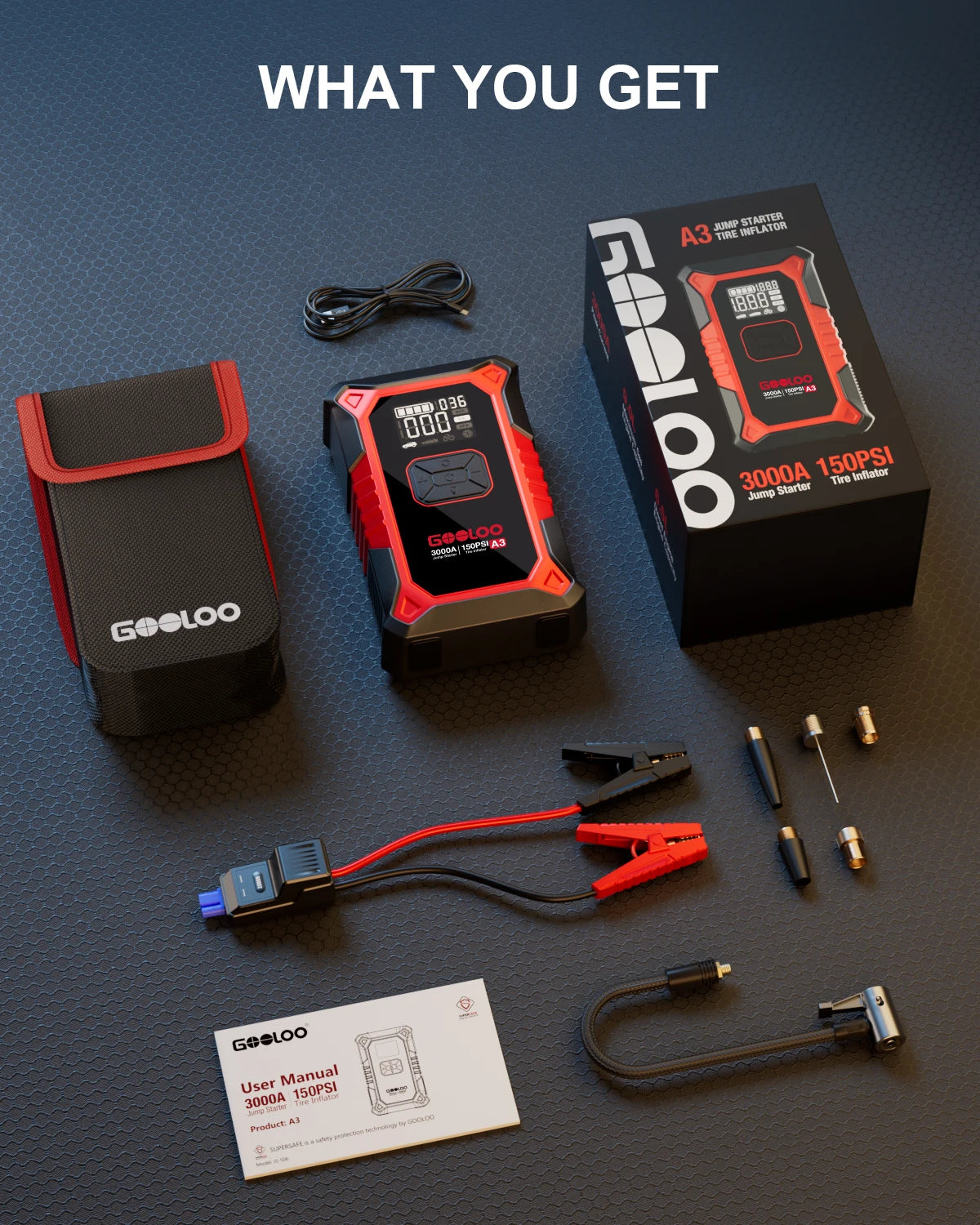 GOOLOO A3 Portable Jump Starter & Air Compressor | 3000A Peak Power, 150 PSI Tire Inflator, 400-Lumen LED Flashlight