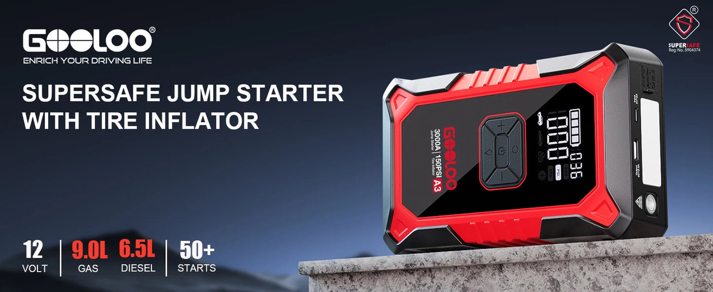 GOOLOO A3 Portable Jump Starter & Air Compressor | 3000A Peak Power, 150 PSI Tire Inflator, 400-Lumen LED Flashlight