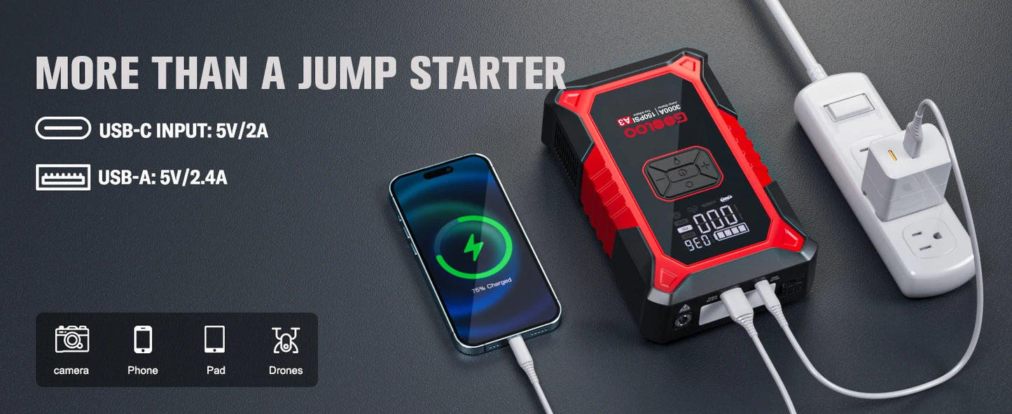 GOOLOO A3 Portable Jump Starter & Air Compressor | 3000A Peak Power, 150 PSI Tire Inflator, 400-Lumen LED Flashlight