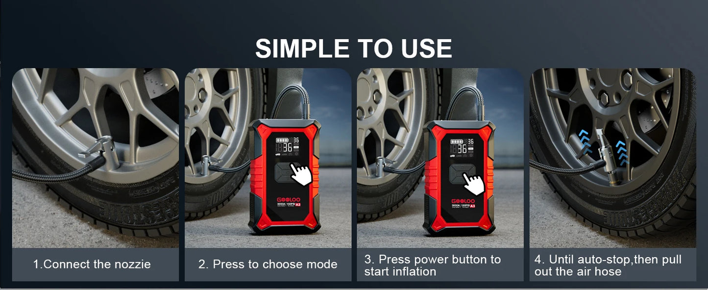 GOOLOO A3 Portable Jump Starter & Air Compressor | 3000A Peak Power, 150 PSI Tire Inflator, 400-Lumen LED Flashlight