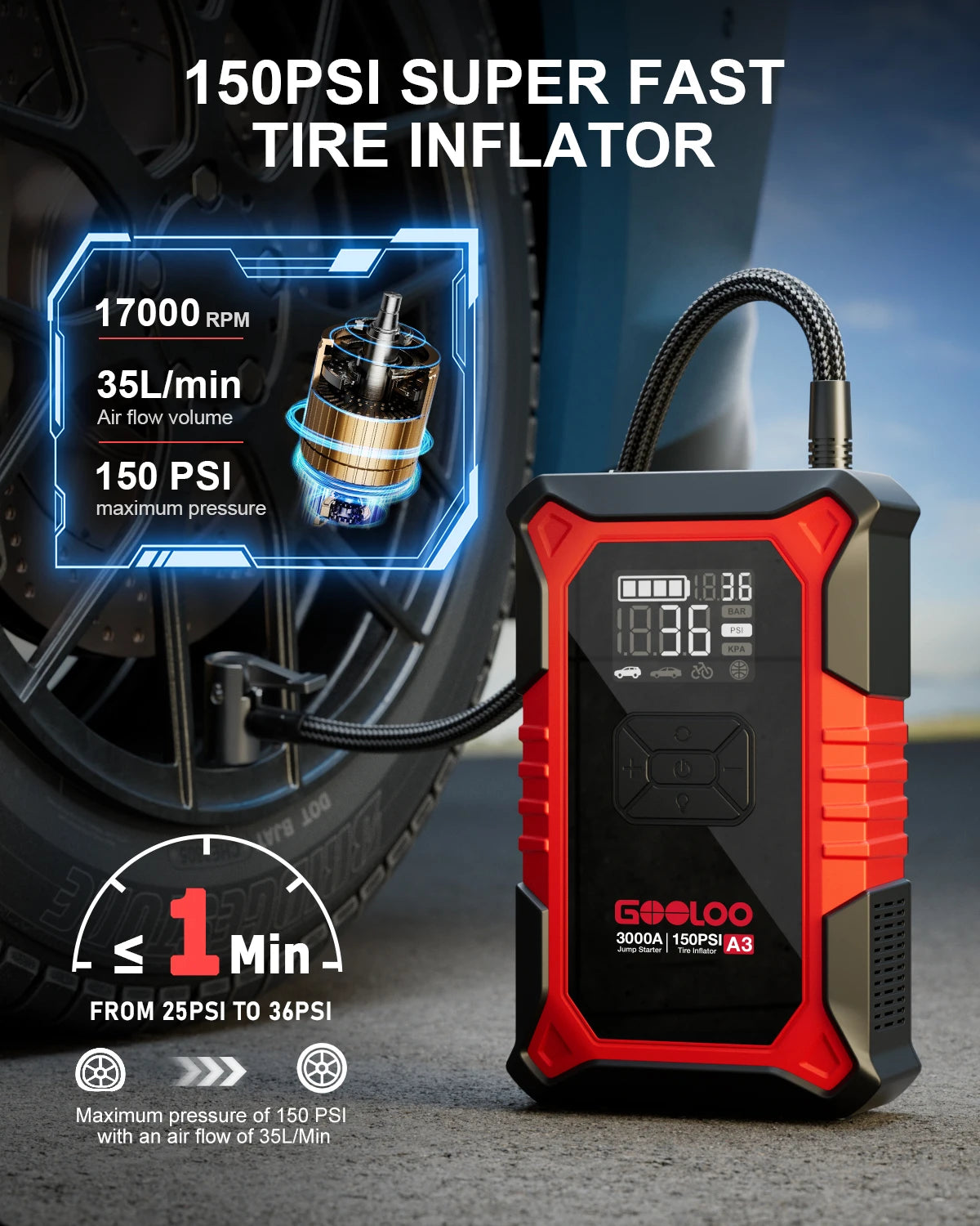 GOOLOO A3 Portable Jump Starter & Air Compressor | 3000A Peak Power, 150 PSI Tire Inflator, 400-Lumen LED Flashlight