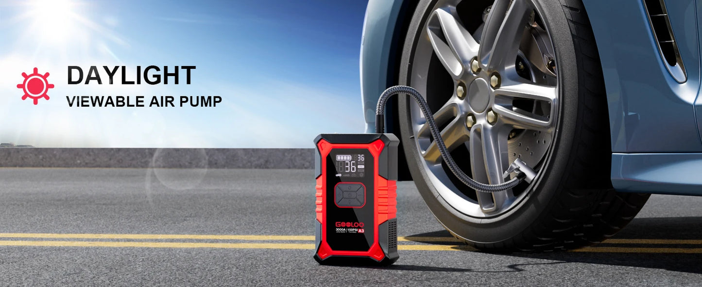 GOOLOO A3 Portable Jump Starter & Air Compressor | 3000A Peak Power, 150 PSI Tire Inflator, 400-Lumen LED Flashlight