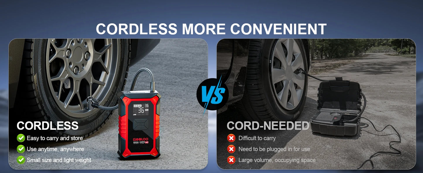 GOOLOO A3 Portable Jump Starter & Air Compressor | 3000A Peak Power, 150 PSI Tire Inflator, 400-Lumen LED Flashlight