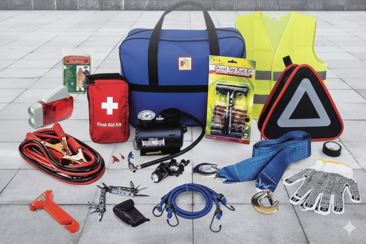 Complete EV Auto Essentials Kit – jumper cables, air compressor, tow strap, reflective vest, safety triangle, and first aid kit neatly arranged on pavement background.