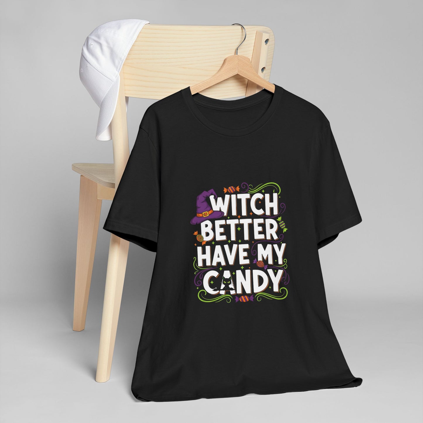 Halloween Themed Unisex Jersey T-Shirt, Cute Witch Hat Graphic Tee, Spooky Season Apparel, Perfect for Halloween Parties, Fun