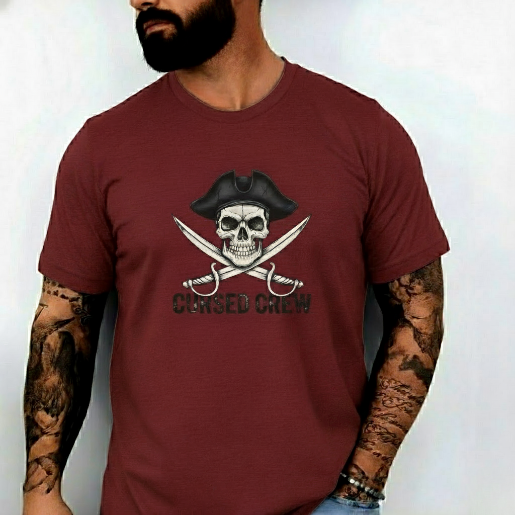 Cursed Crew Skull with Pirate Hat T-Shirt | Crossed Swords Pirate Tee | Gothic Pirate Skull Shirt | Halloween Costume Tee for Men