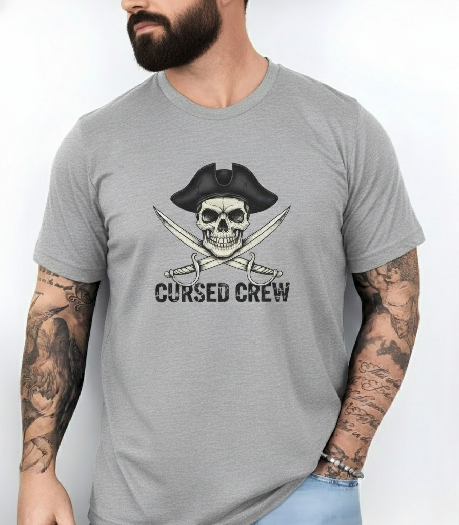 Cursed Crew Skull with Pirate Hat T-Shirt | Crossed Swords Pirate Tee | Gothic Pirate Skull Shirt | Halloween Costume Tee for Men
