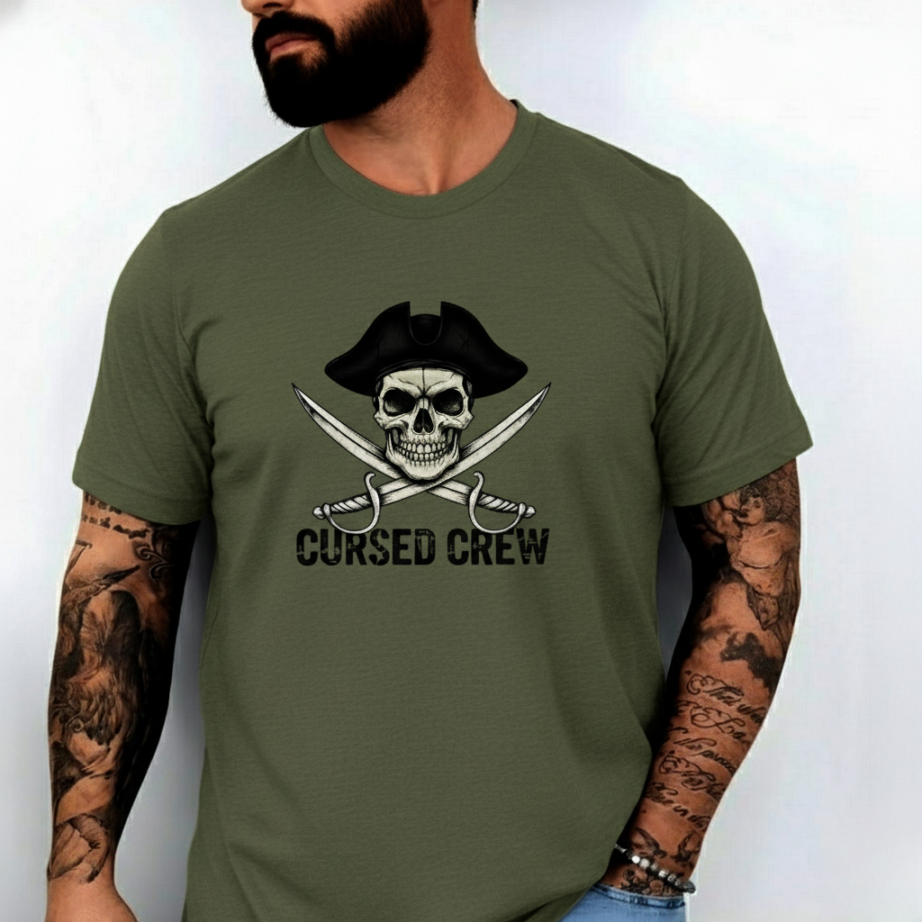 Cursed Crew Skull with Pirate Hat T-Shirt | Crossed Swords Pirate Tee | Gothic Pirate Skull Shirt | Halloween Costume Tee for Men