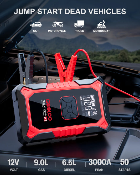 GOOLOO A3 Portable Jump Starter & Air Compressor | 3000A Peak Power, 150 PSI Tire Inflator, 400-Lumen LED Flashlight